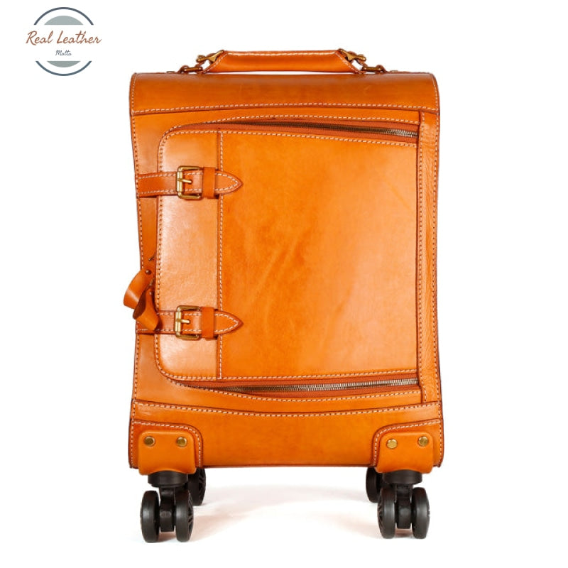 Genuine Leather Carry On Travel Luggage Yellow Brown