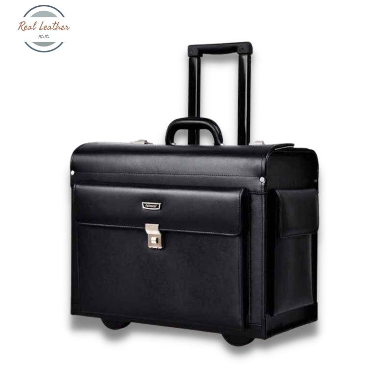 Genuine Leather Luggage Flight Suitcase Black / 18