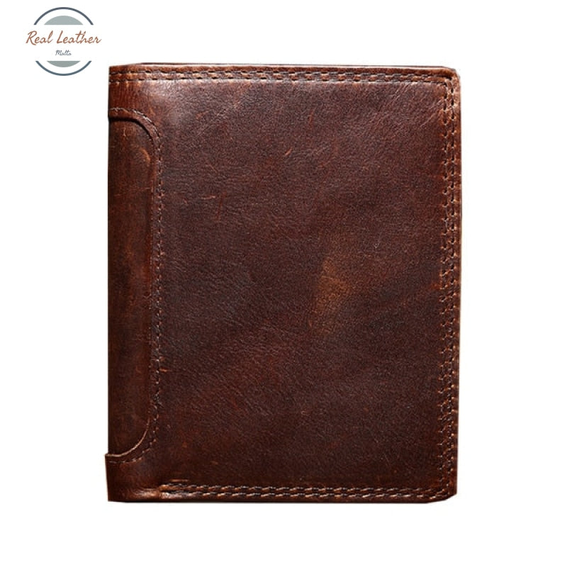 Genuine Leather Mens Tri-Fold Vintage Short Wallet Brown