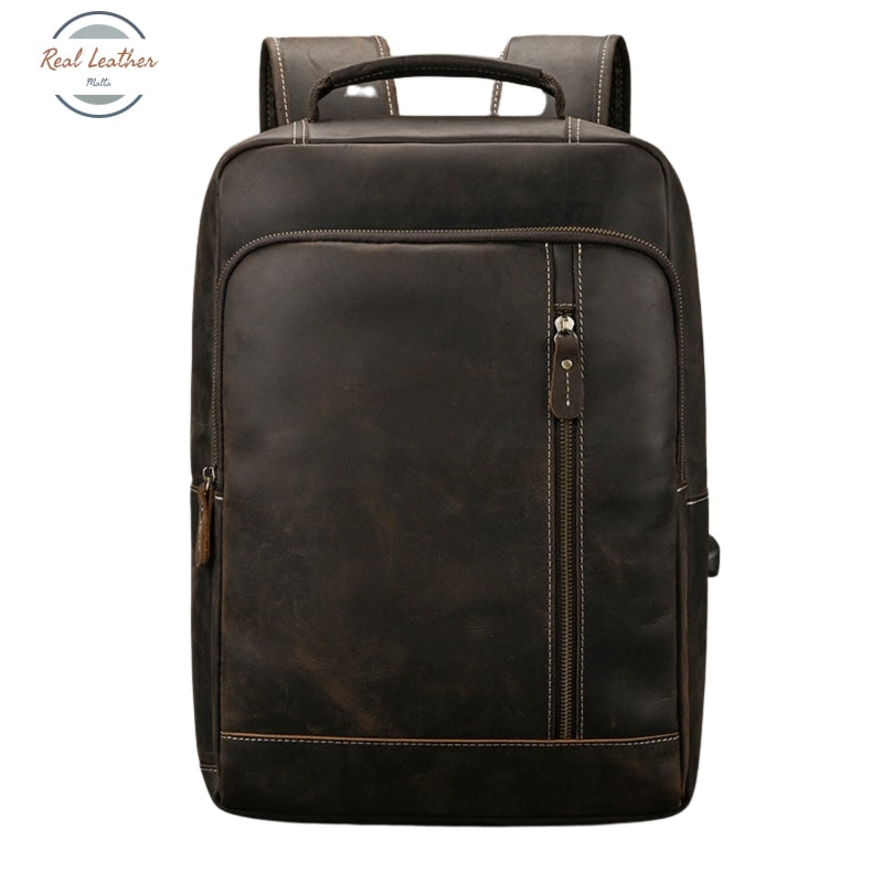 Mens Crazy Horse Leather Backpack 15.6 Laptop Bag With Usb Port Brown