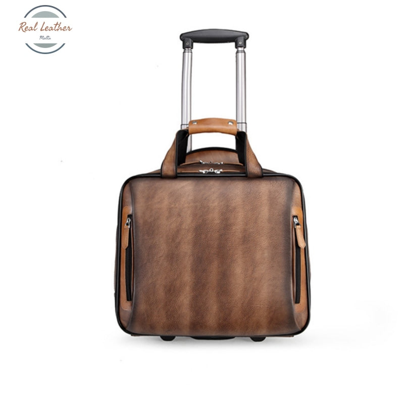 Wheeled Genuine Leather Luggage Coffee & Bags