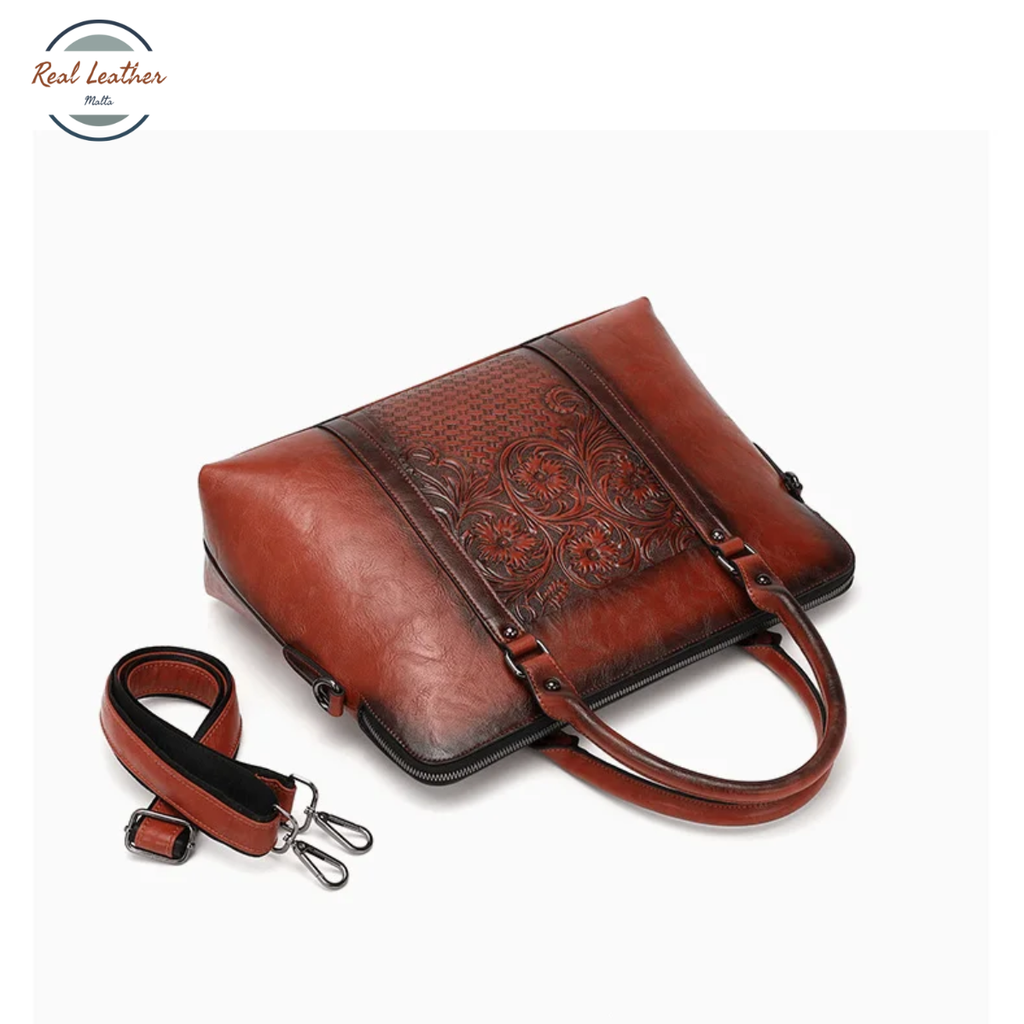 Genuine Leather Vintage Floral Embossed Briefcase for Women