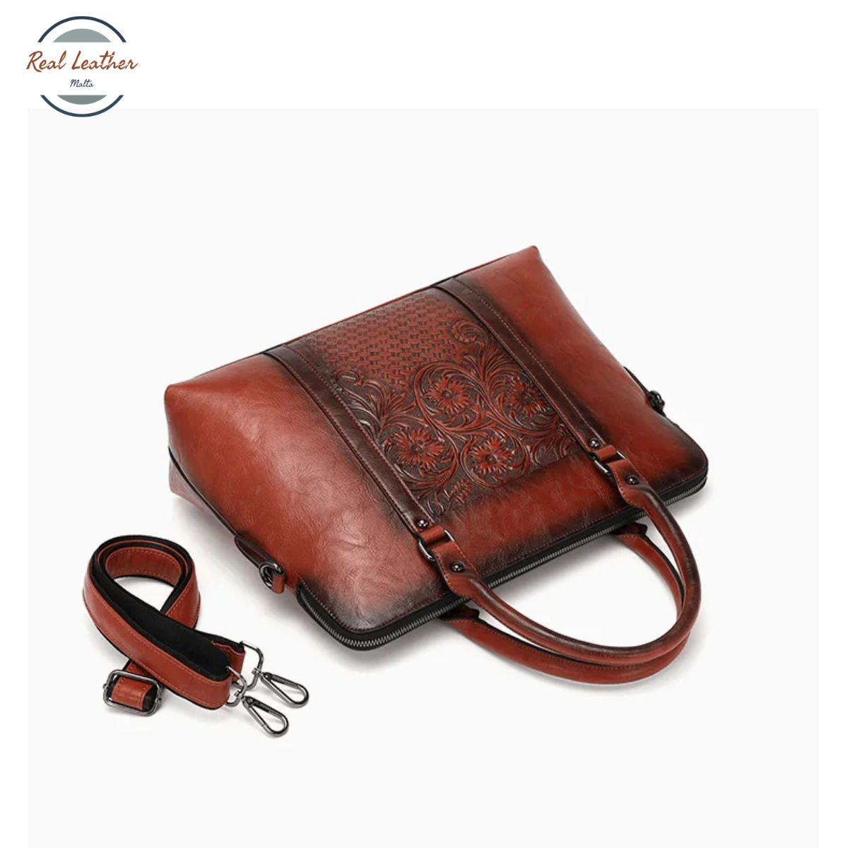 Genuine Leather Vintage Floral Embossed Briefcase for Women