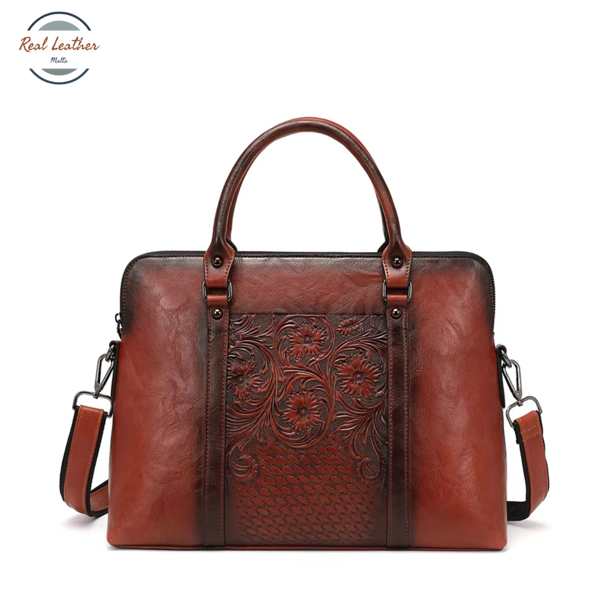 Genuine Leather Vintage Floral Embossed Briefcase for Women