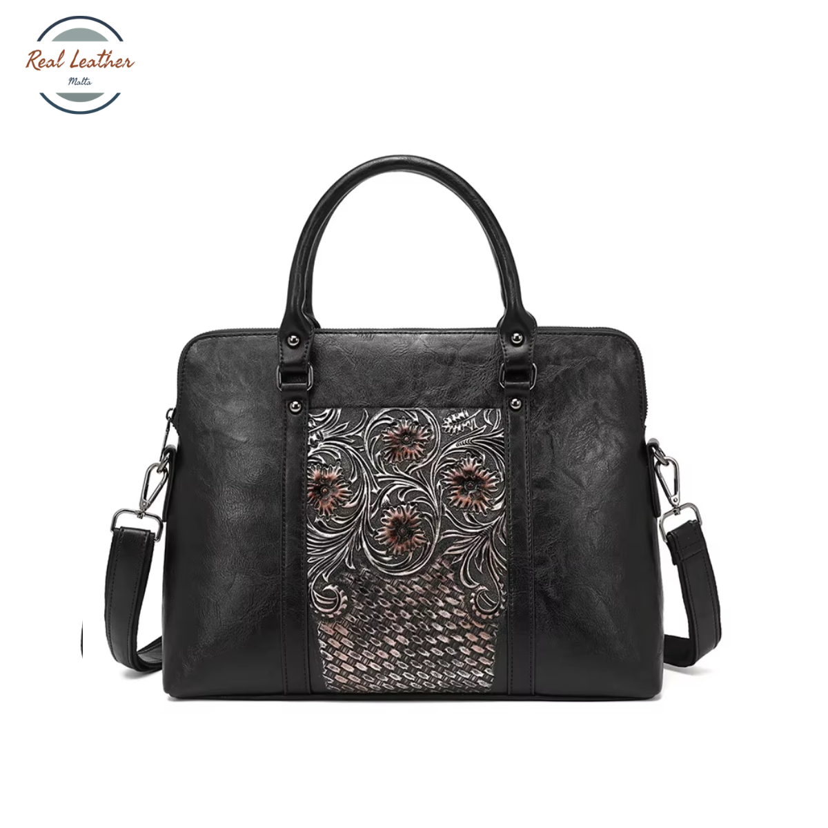Genuine Leather Vintage Floral Embossed Briefcase for Women