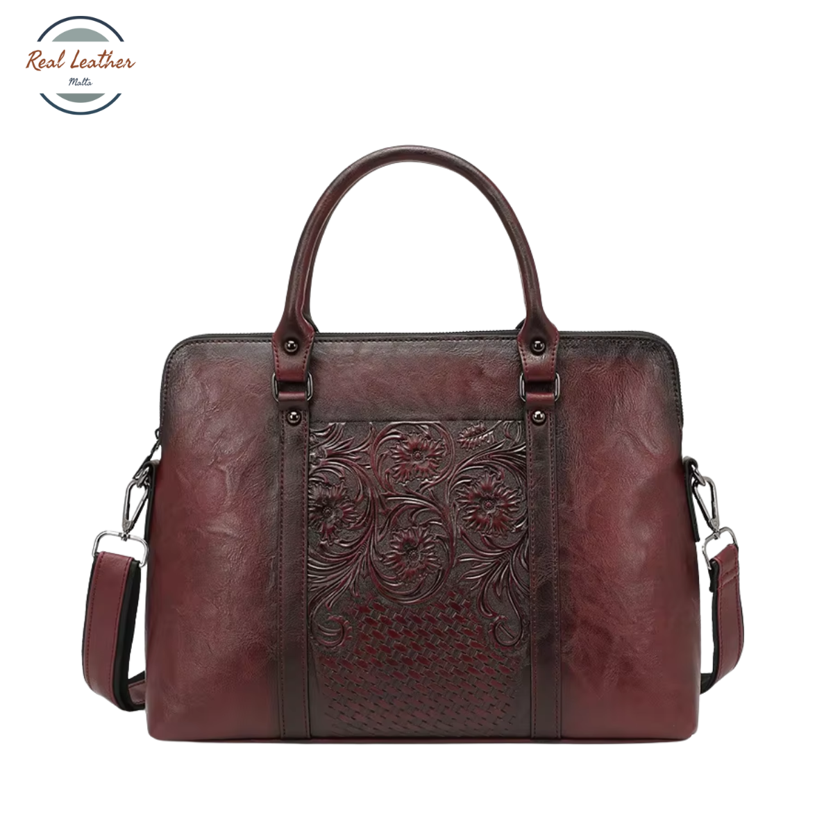 Genuine Leather Vintage Floral Embossed Briefcase for Women