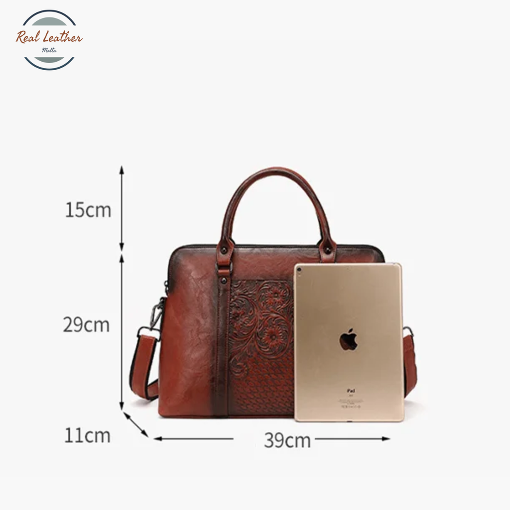 Genuine Leather Vintage Floral Embossed Briefcase for Women
