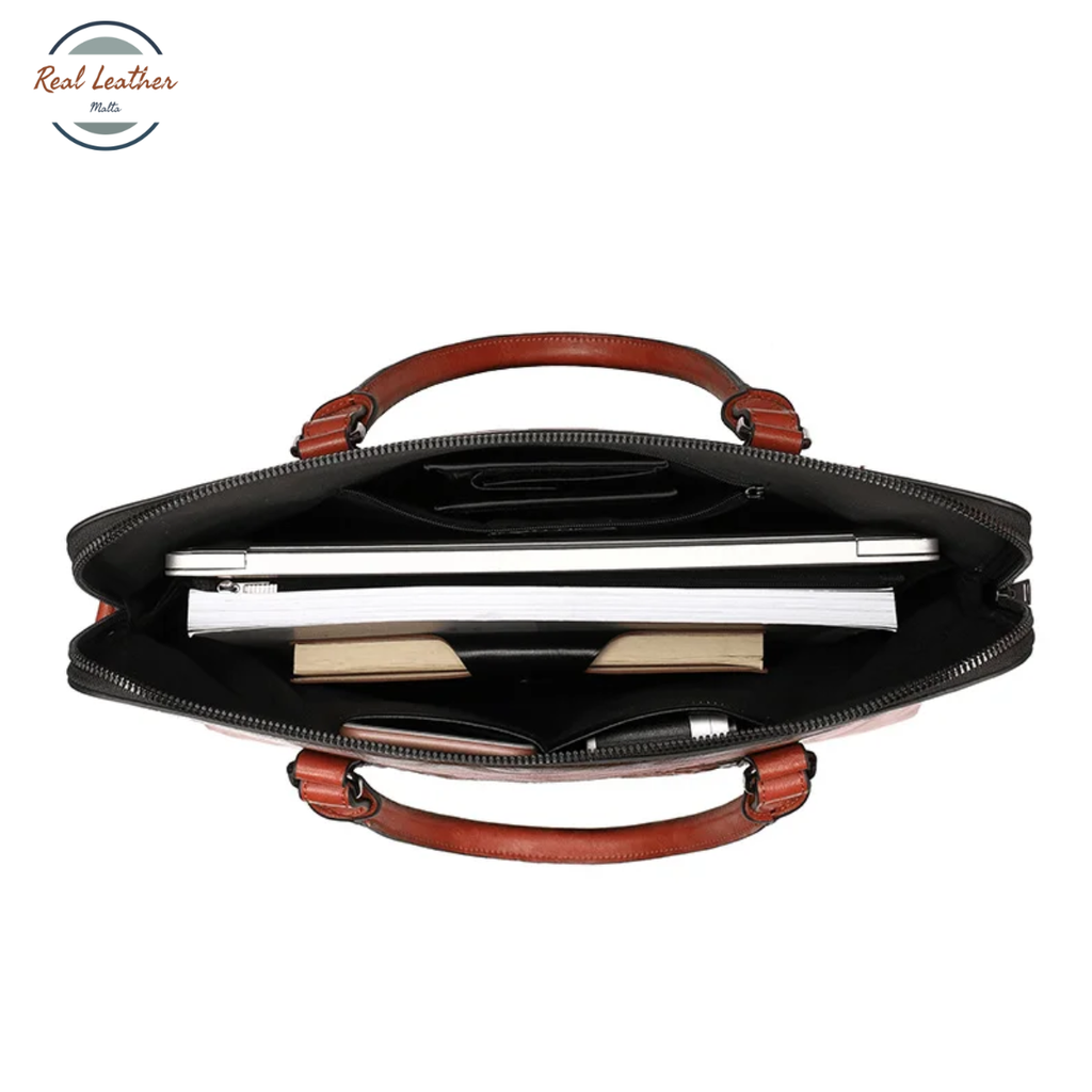 Genuine Leather Vintage Floral Embossed Briefcase for Women