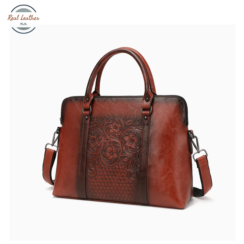 Genuine Leather Vintage Floral Embossed Briefcase for Women