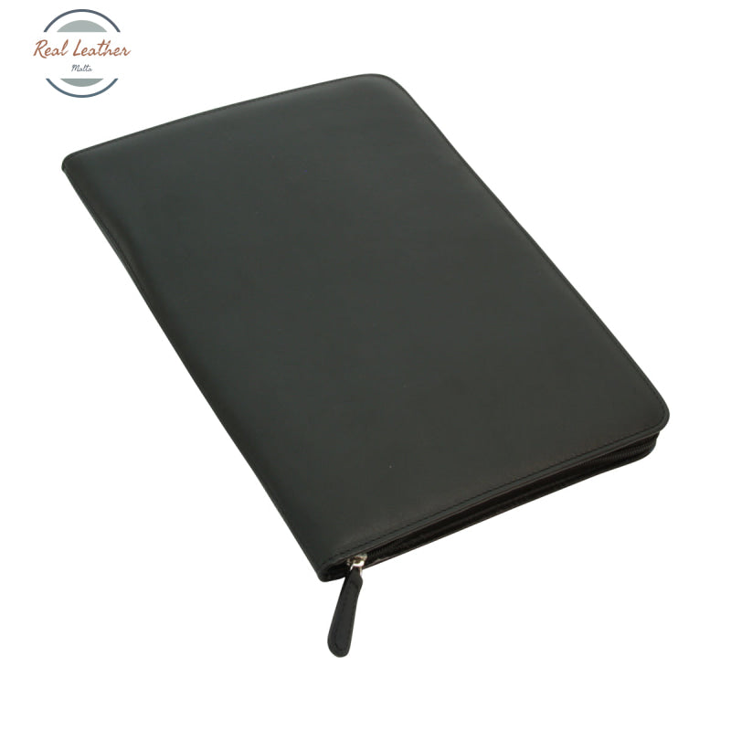 Calfskin Leather document case with zip pocket Black Leather Folder