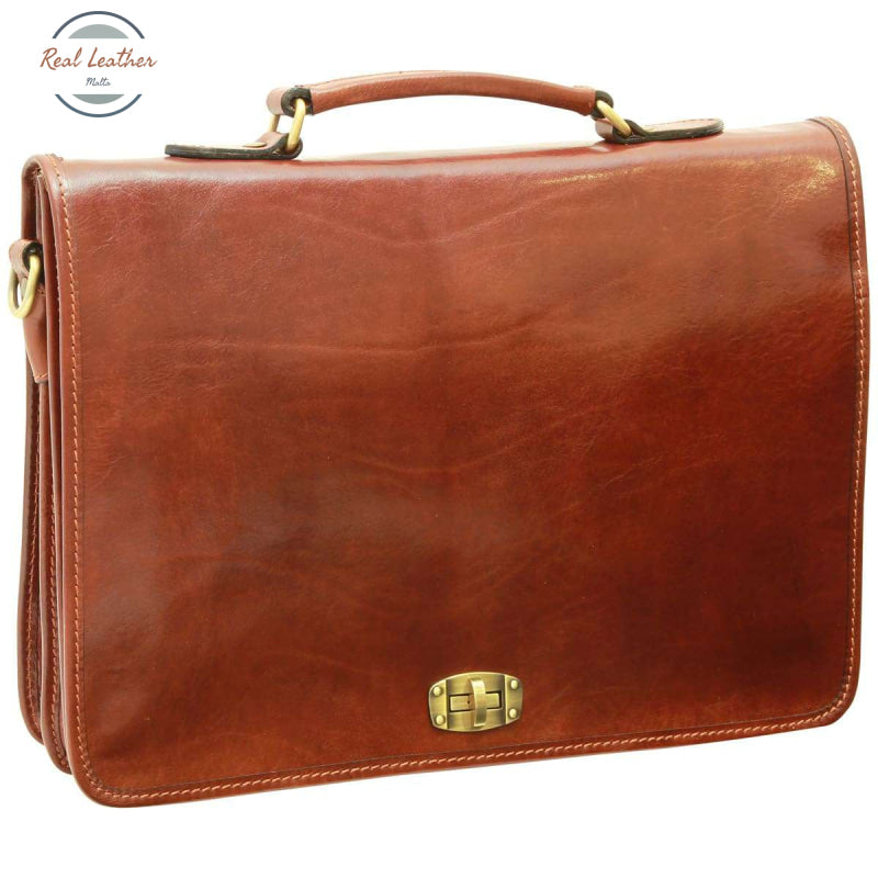 Cowhide Leather Full length Flap Briefcase Brown Briefcases