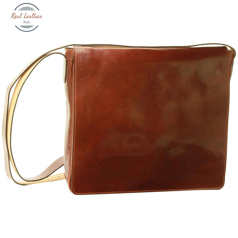 Cowhide Leather Messenger Bag with interior zip pocket Brown Messenger Bag