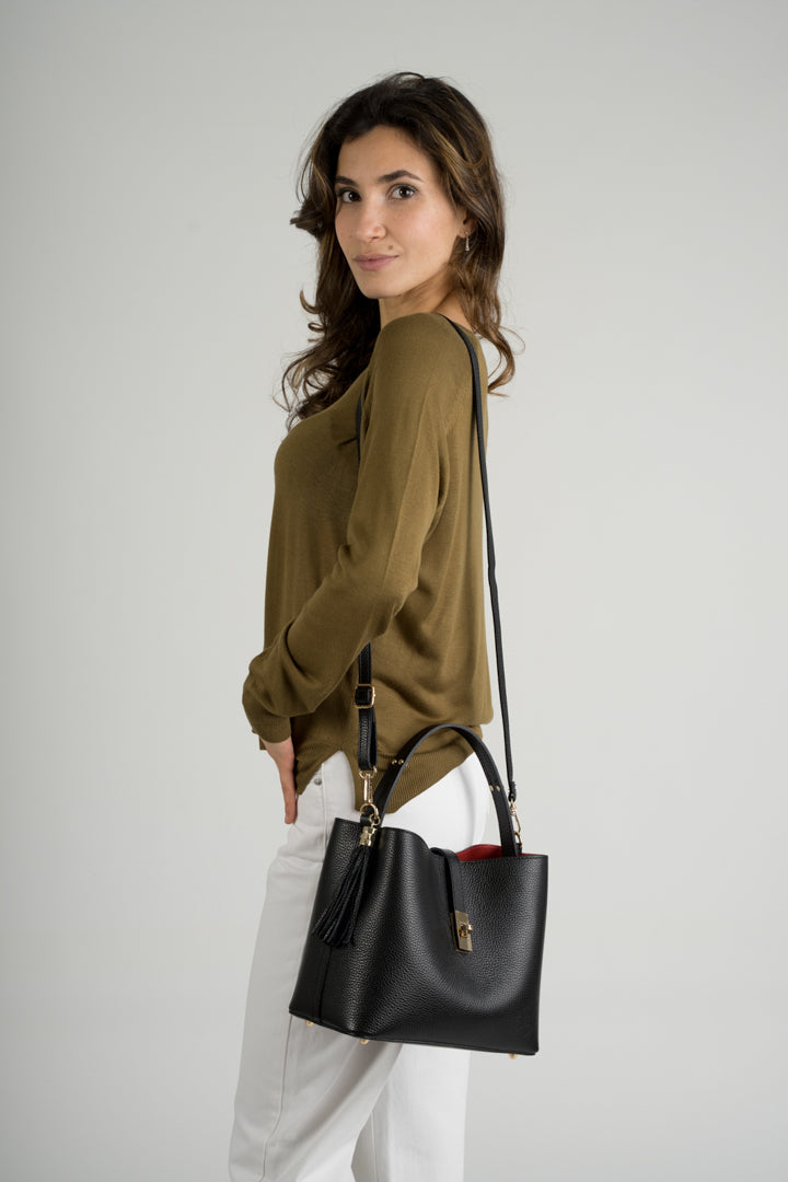 Greta Made in Italy Leather Top Handle Handbag – Black