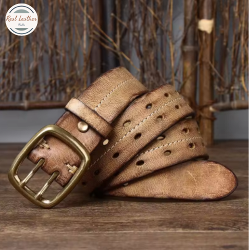 Cowhide Leather Belt for Men Double Prong Buckle Heavy Duty