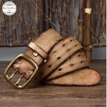 Cowhide Leather Belt for Men Double Prong Buckle Heavy Duty