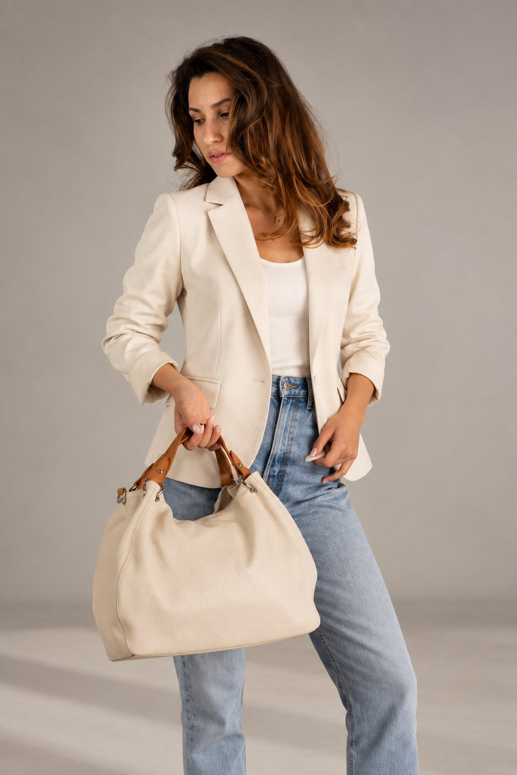 Fiorella Made in Italy Leather Top Handle Handbag – Beige & Tan