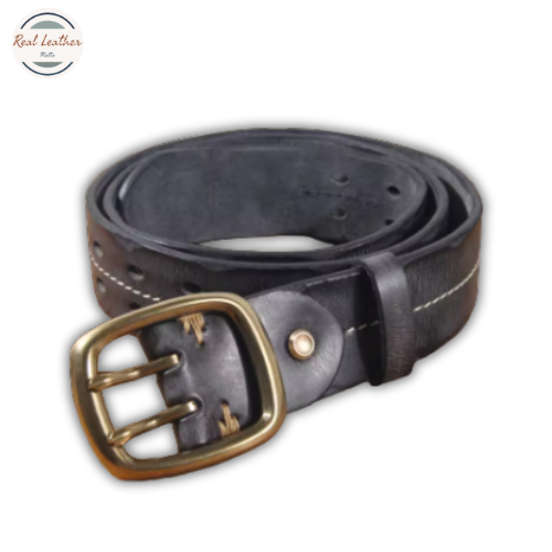 Cowhide Leather Belt for Men Double Prong Buckle Heavy Duty
