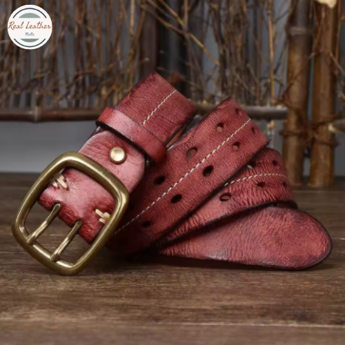 Cowhide Leather Belt for Men Double Prong Buckle Heavy Duty