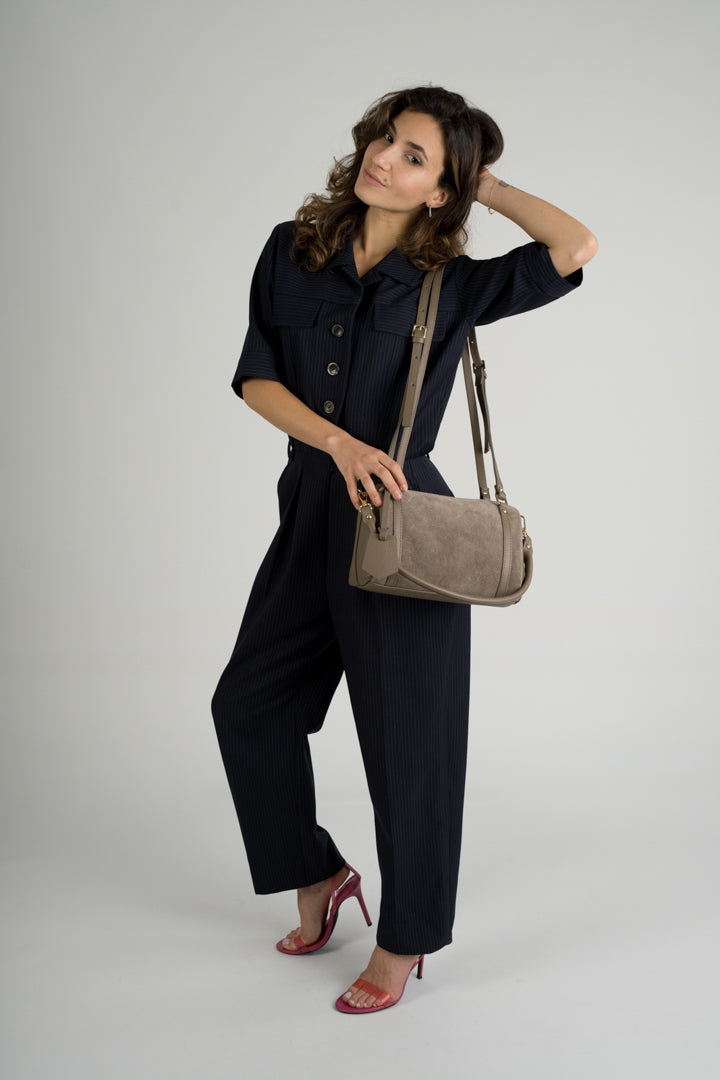 Noemi Made in Italy Suede Leather Bowling Bag – Taupe