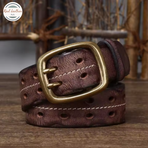 Cowhide Leather Belt for Men Double Prong Buckle Heavy Duty