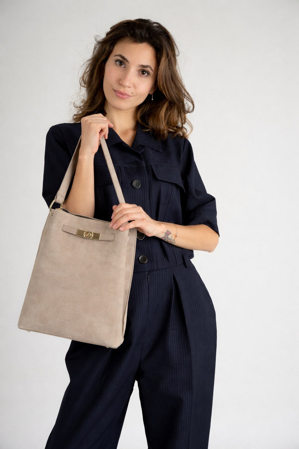 Rosalia Made in Italy Suede Leather Shoulder Bag – Taupe