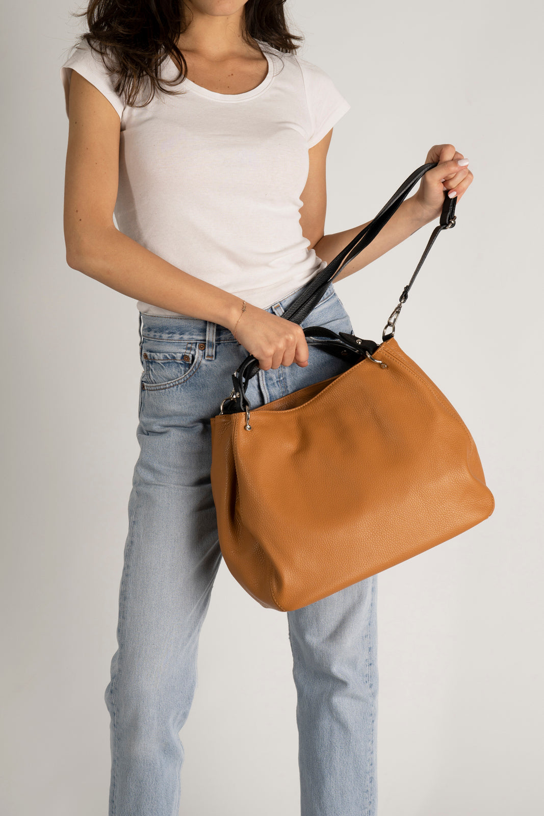 Fiorella Made in Italy Leather Top Handle Handbag – Tan & Black