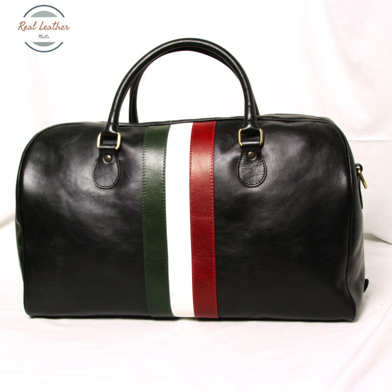 Full-grain leather travel bag - black with Italian flag Black Duffel bag