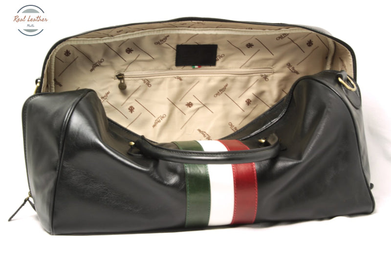 Full-grain leather travel bag - black with Italian flag Black Duffel bag