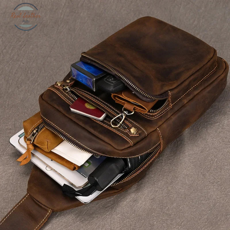 Genuine Leather Chest Pack for Men Dark Bown Chest Bag