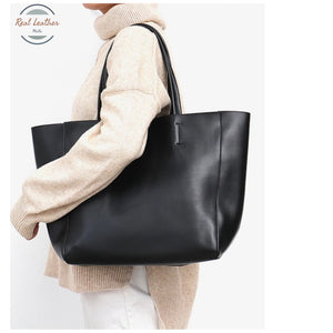 Genuine Leather Cowhide Women Shoulder Bag Black Tote Bag