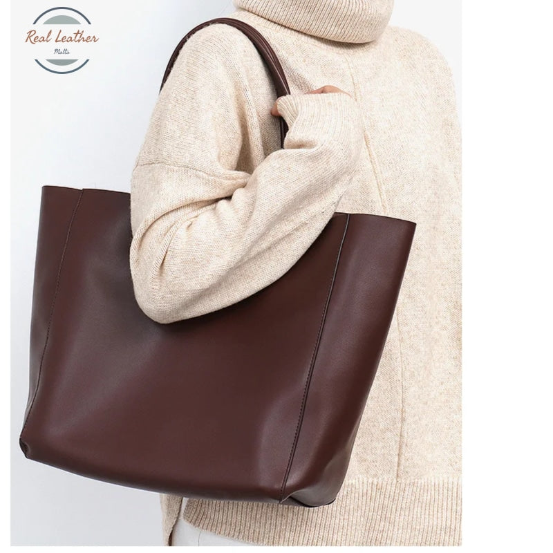 Genuine Leather Cowhide Women Shoulder Bag Brown Tote Bag