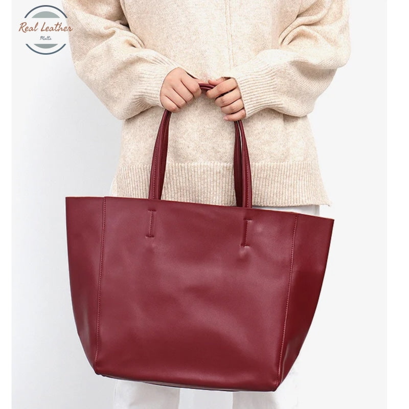 Genuine Leather Cowhide Women Shoulder Bag Red Tote Bag