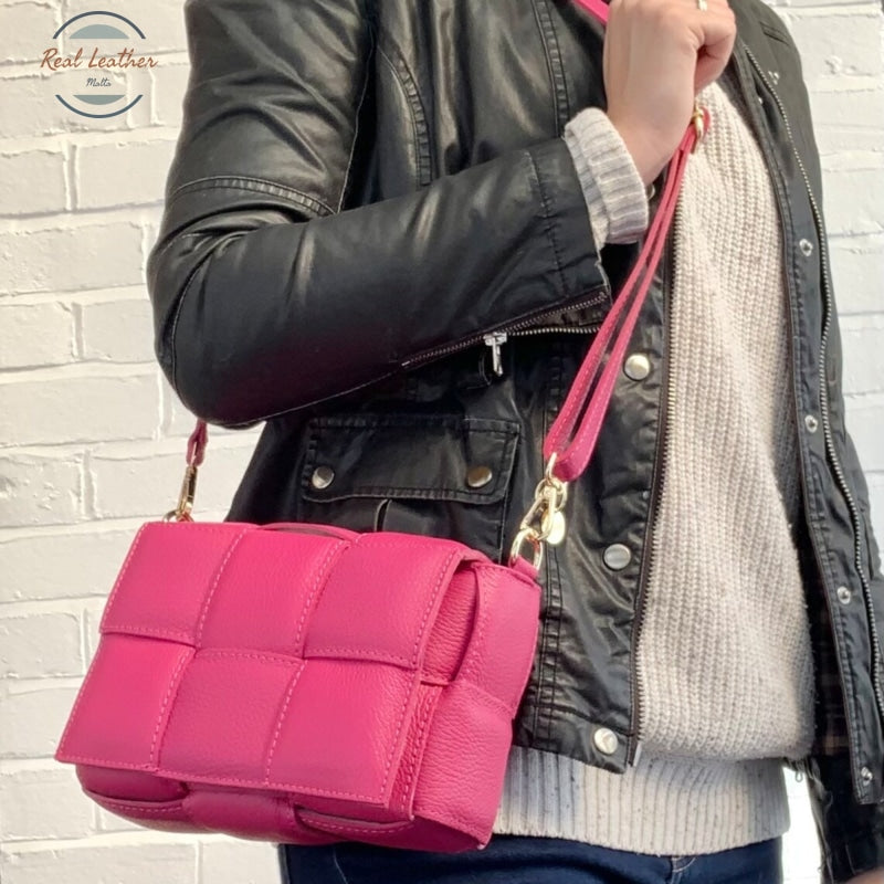 Genuine Leather Fuchsia Weaved Bag With Strap Shoulder