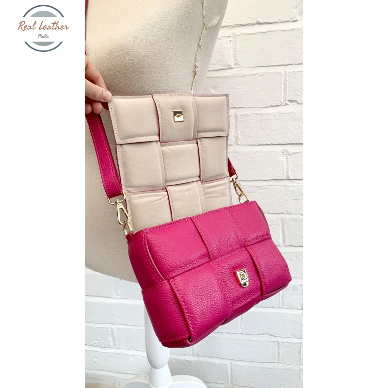 Genuine Leather Fuchsia Weaved Bag With Strap Shoulder