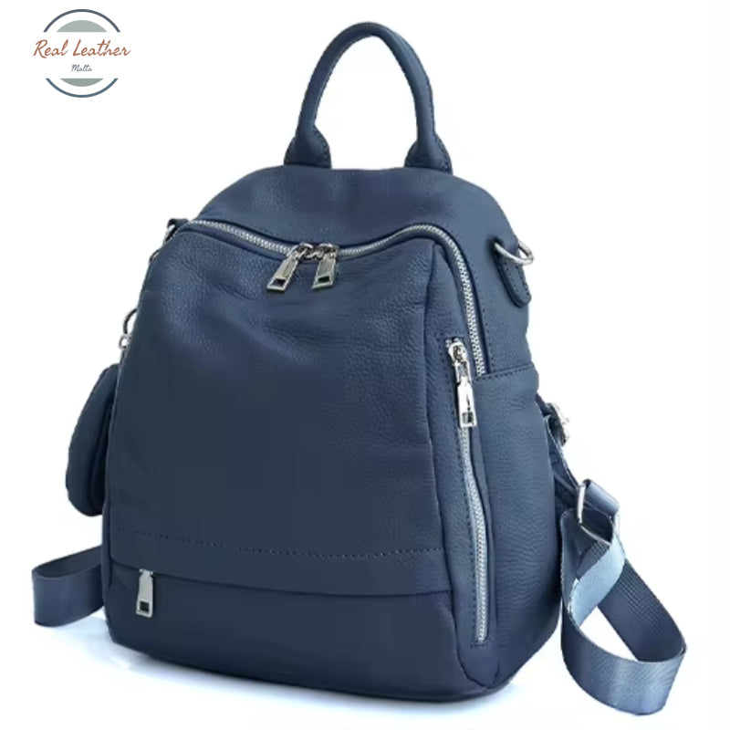 Genuine Leather Ladies Casual Backpack With Shoulder Strap Dark Blue Backpacks