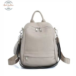 Genuine Leather Ladies Casual Backpack With Shoulder Strap Light Beige Backpacks