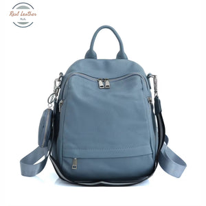 Genuine Leather Ladies Casual Backpack With Shoulder Strap Light Blue Backpacks