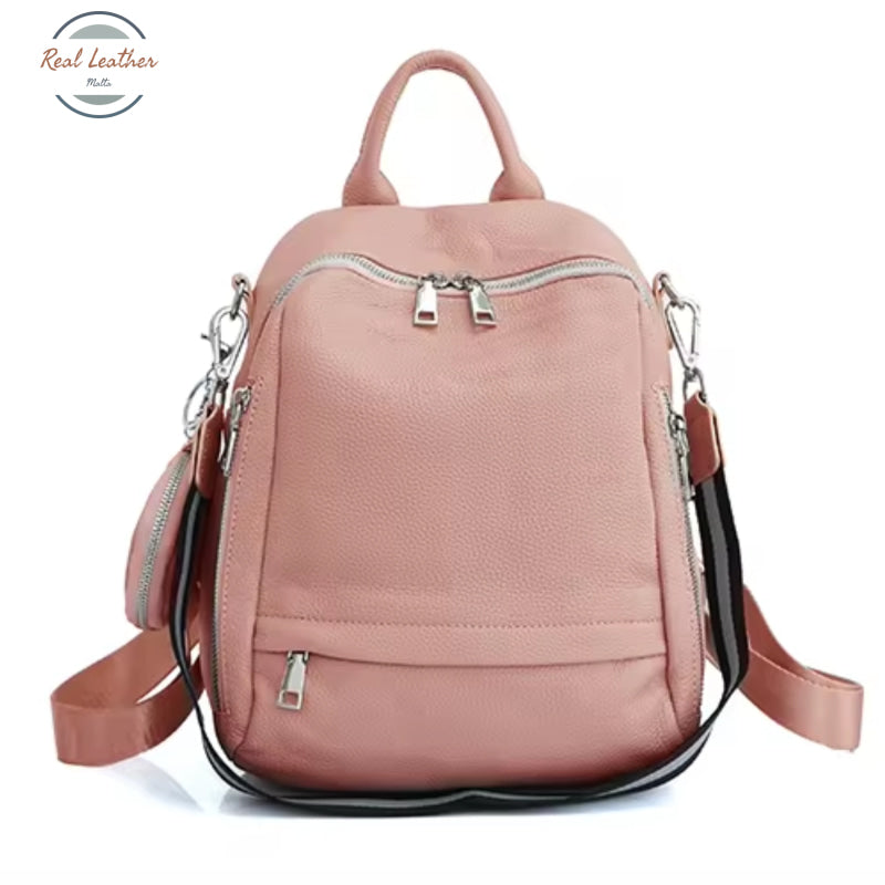 Genuine Leather Ladies Casual Backpack With Shoulder Strap Pink Backpacks