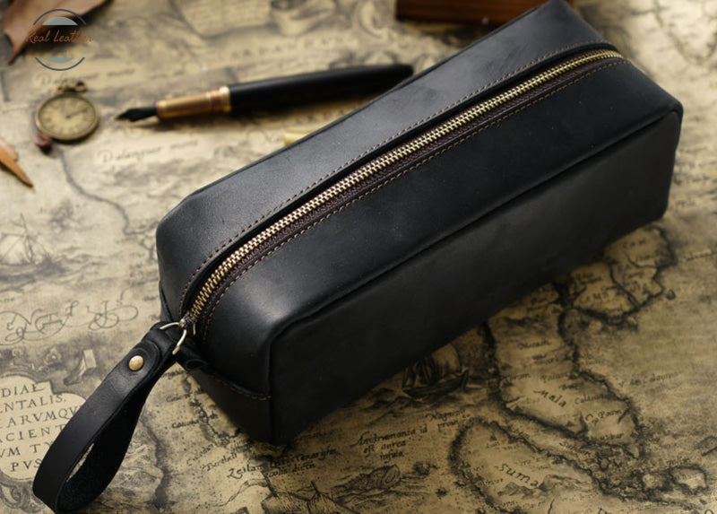 Genuine Leather Large Capacity Pencil Organizer Black Pen & Cases