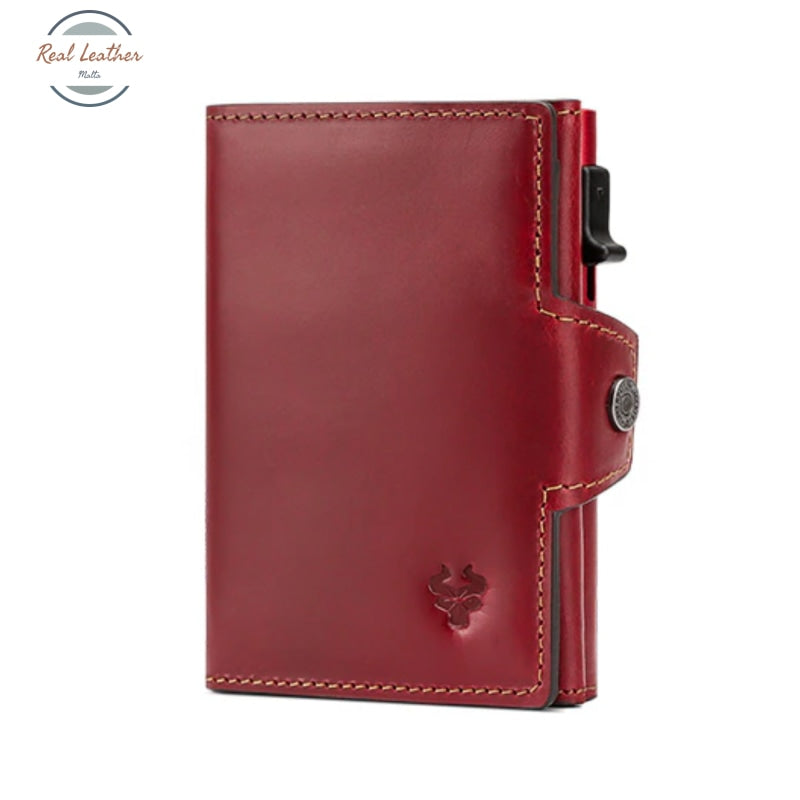 Genuine Leather Mens Wallets With Card Ejector Red