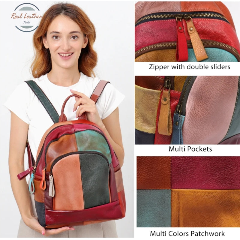 Genuine Leather Patchwork Backpack Backpacks