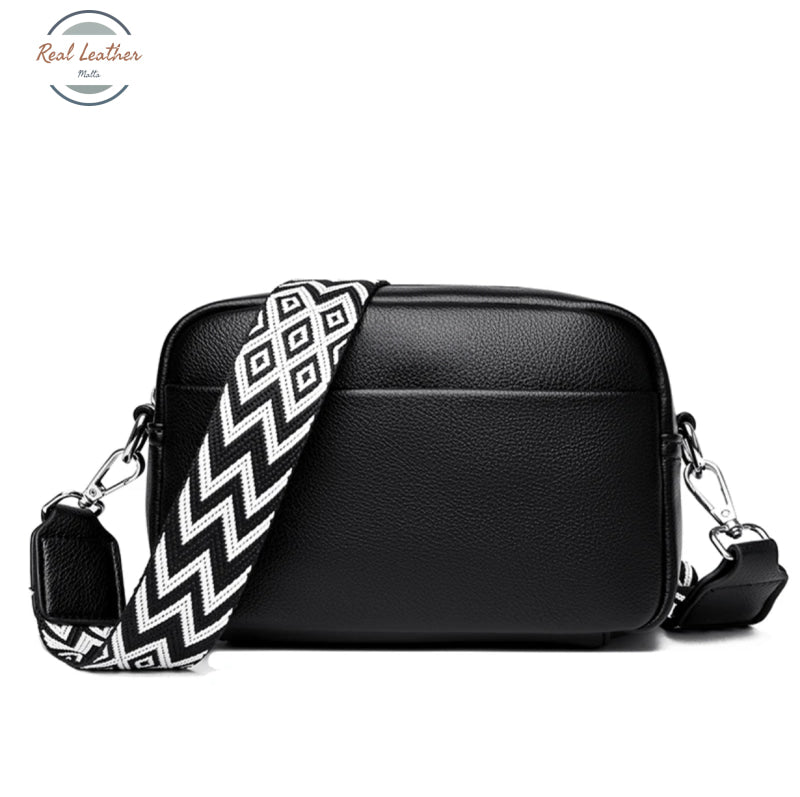 Genuine Leather Women Crossbody Bag Black 2 Bags