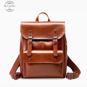 Genuine Leather Women’s Preppy Style Backpack Brown Backpacks