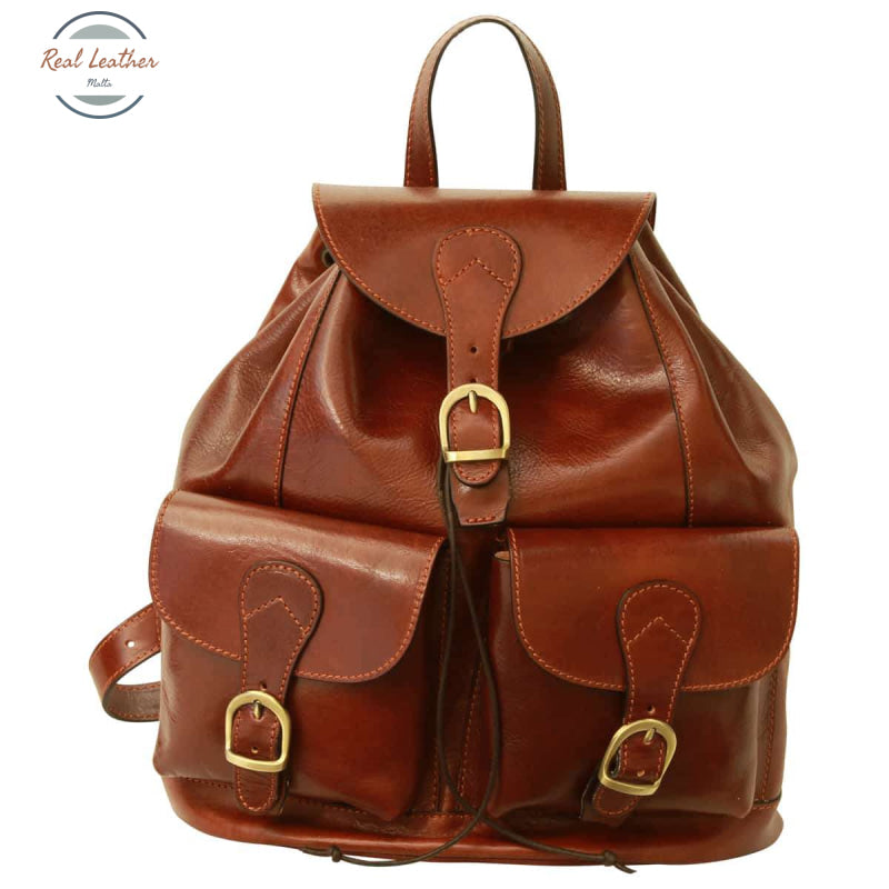 Leather backpack with 2 exterior pockets Brown Backpack