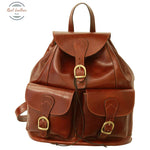 Leather backpack with 2 exterior pockets Brown Backpack