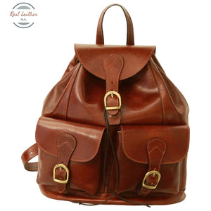 Leather backpack with 2 exterior pockets Brown Backpack