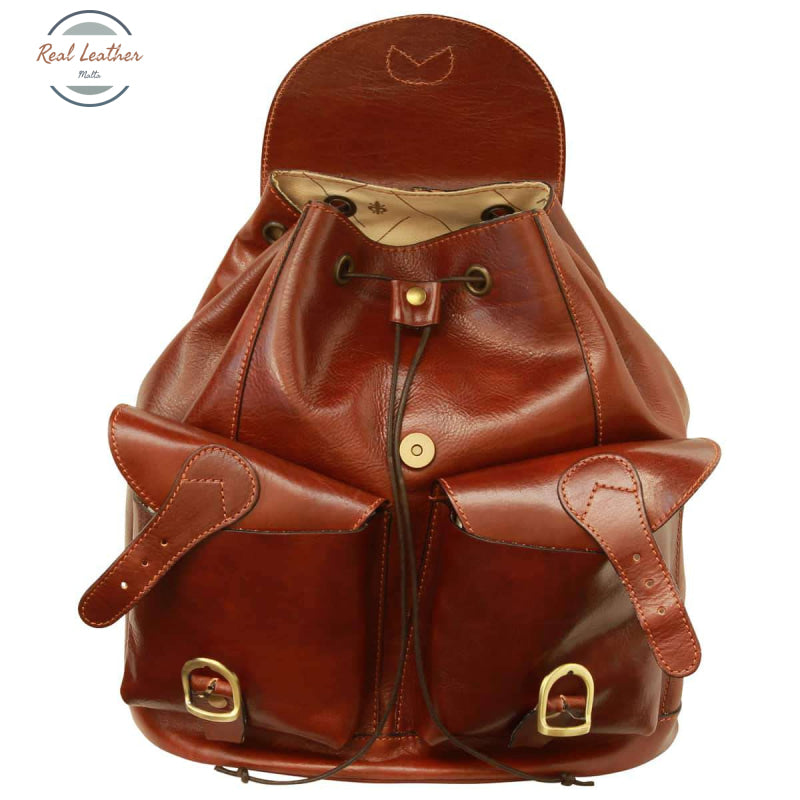 Leather backpack with 2 exterior pockets Brown Backpack