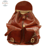 Leather backpack with 2 exterior pockets Brown Backpack