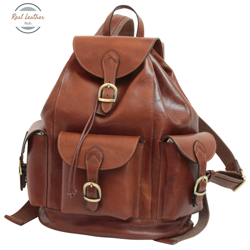 Leather backpack with 3 exterior pockets Brown Backpack