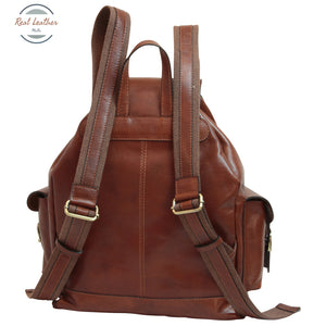 Leather backpack with 3 exterior pockets Brown Backpack